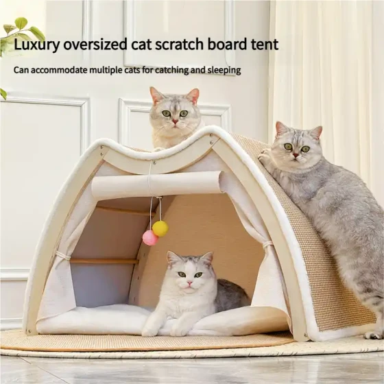 Large Wooden Cat Tent & Condo: All-Season House with Integrated Sisal Scratcher