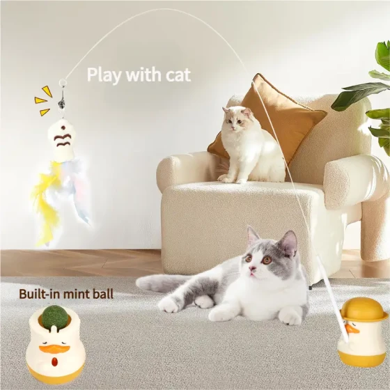 Long Feather Cat Wand: Interactive & Rotating Teaser Toy with Catnip