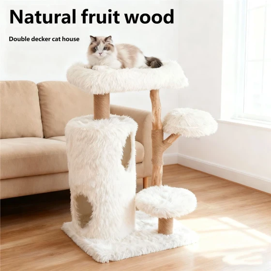 Solid Wood Cat Tree: Multi-Level Condo with Integrated Bed & Sisal Post