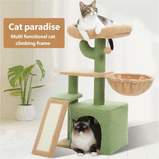 Wooden Cactus Cat Tree: Sisal Scratching Post & Vertical Climber