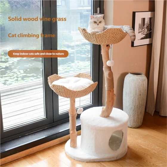 Luxury Solid Wood Cat Tree: All-in-One Cat Condo with Natural Trunk Post
