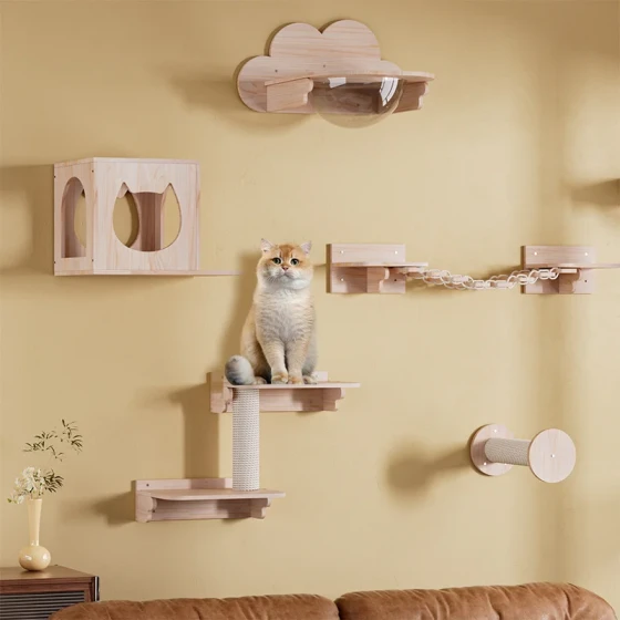 Wall-Mounted Cat Tree with Hammock & Space Capsule - Space-Saving Cat Wall Shelves