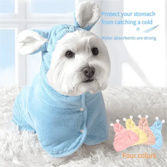 Dog Bath Absorbent Towel Quick-Dry Hooded Bathrobe for Bichon Puppies Wearable Pet Bath Towel for Small Dogs
