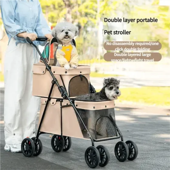 Double-Layer Pet Stroller, Lightweight Foldable Dog & Cat Carrier, Outdoor Small Pet Pushchair
