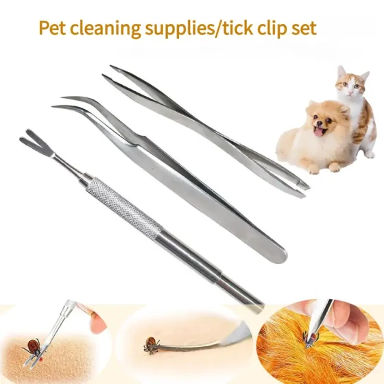 Stainless Steel Tick & Flea Remover Kit: Double-Ended Tweezers & Tick Fork