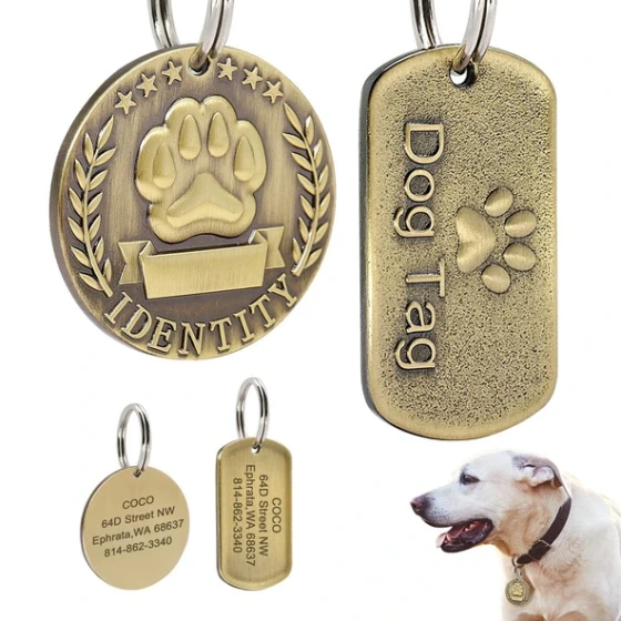 Custom Antique Brass Pet Name Tag – Round and Square with Horseshoe Clip, Engraved Dog and Cat ID Tag